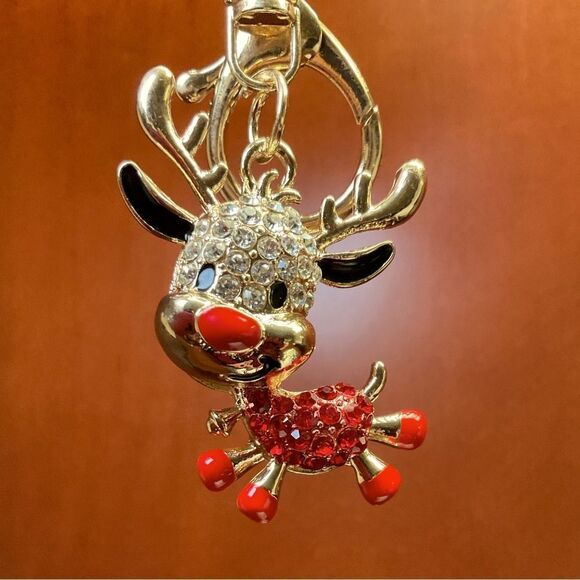 Keychain Reindeer Crystal Rhinestone Gems & Gold - Picture 1 of 6